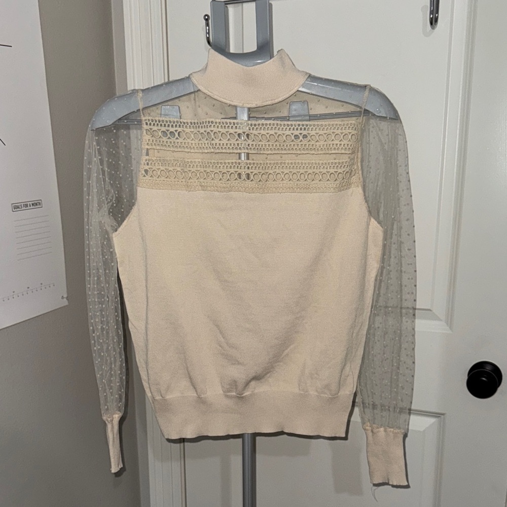 Chicwish Cream Lace & Sheer Dot Sleeve Mock Neck Sweater